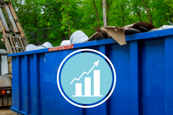 Image showing dumpster full of recycling materials with circle graphic in the middle showing a bar graph