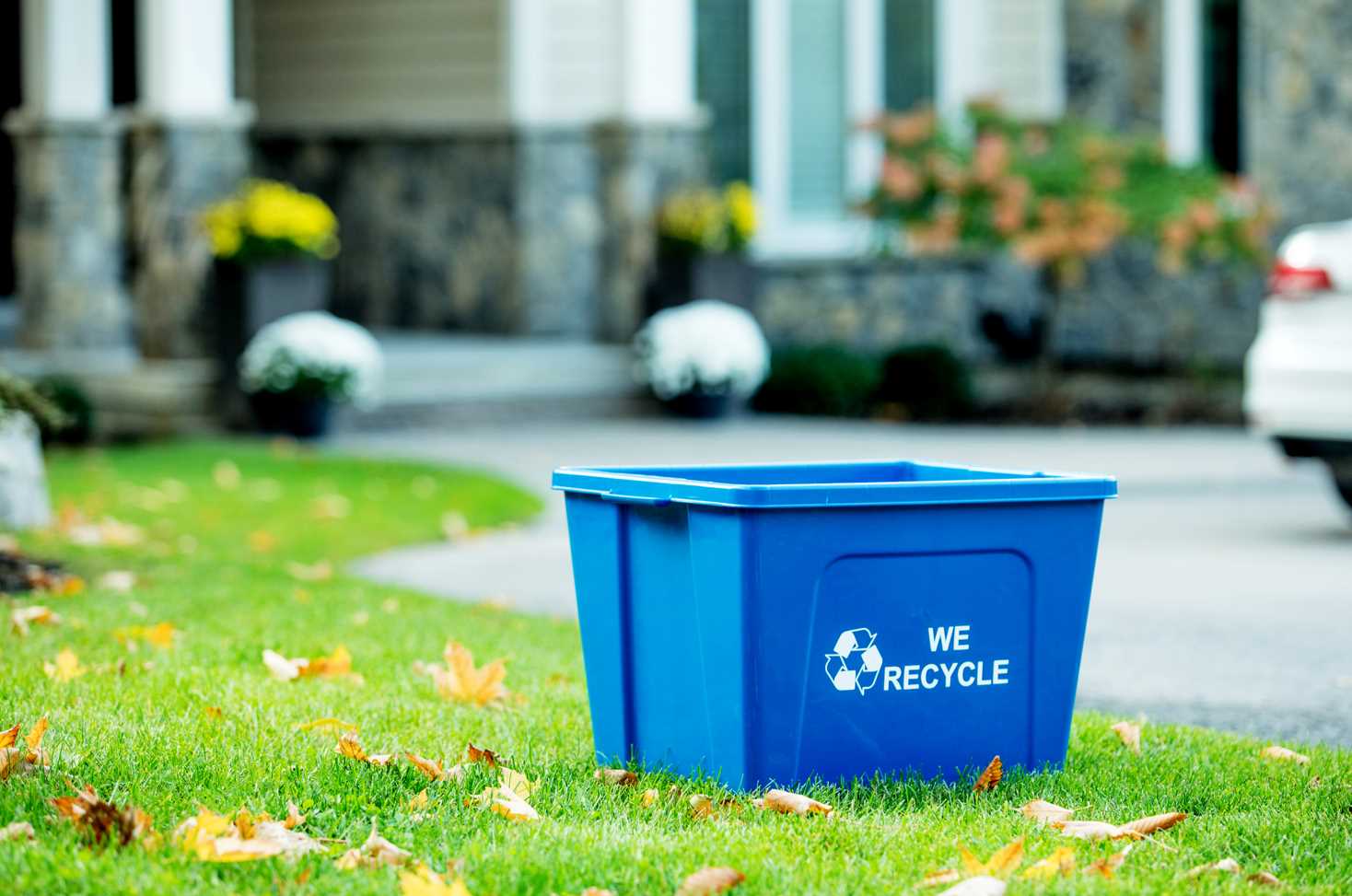 Blue curbside recycling container beside a residential home