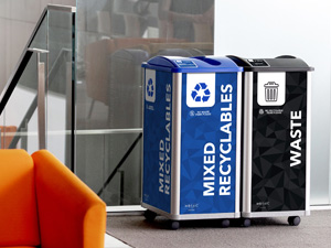 Mosaic Series mixed recycling and waste containers in college