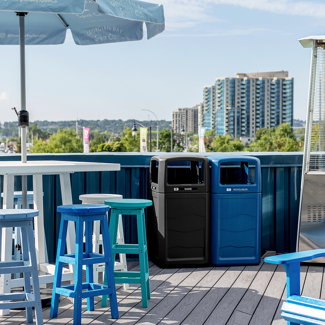waste and recycling containers on outdoor patio