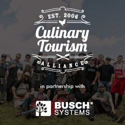 Culinary Tourism and Busch Systems logo with people in the background